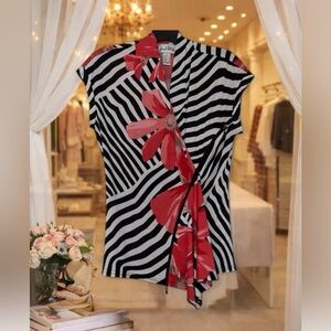 Joseph Ribkoff Black and White Striped Top with Deep Orange Floral Design